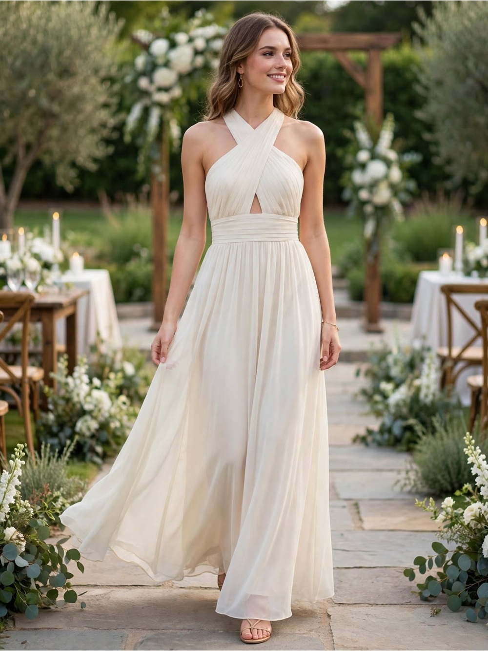 ANGL NWT Cream Pleated Overlap Cross Front Halter Maxi Dress M Wedding Guest